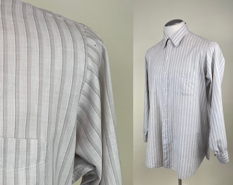 Vintage 1940s Brown Ivory Tan Striped Banker's Oxford Gusset Men's Shirt / Antique Cotton Button Down Office Work Shirt / 3XL