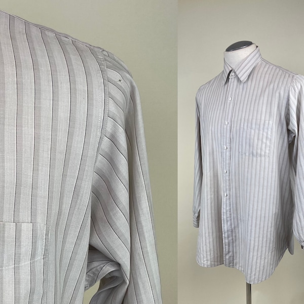 Vintage 1940s Brown Ivory Tan Striped Banker's Oxford Gusset Men's Shirt / Antique Cotton Button Down Office Work Shirt / 3XL