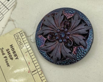 Victorian Black Lacy Glass Iridescent Carnival Luster Stippled Coat Button / 1 3/16" / Incised BGE Made in Germany