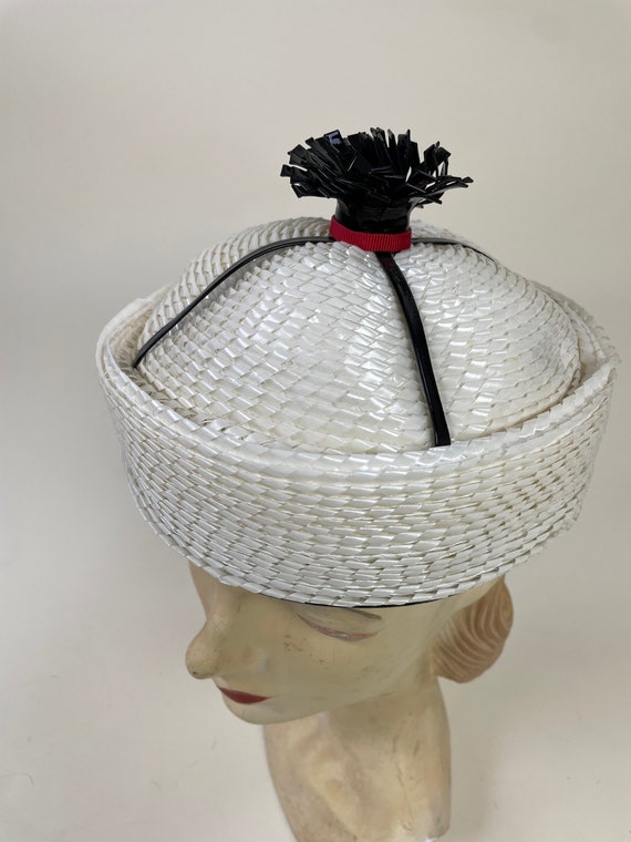 Vintage 1960s Black White Cello Pillbox Hat with … - image 4