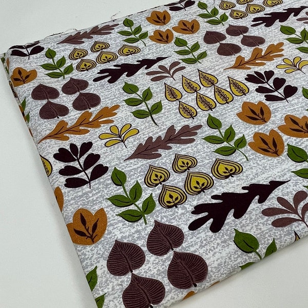 Vintage 1960s Mid Century Vat Dye Barkcloth Fabric  / Vintage 60s Orange Green Brown Leaf Leafy Upholstery Pillow Fabric / 1 yard Cut