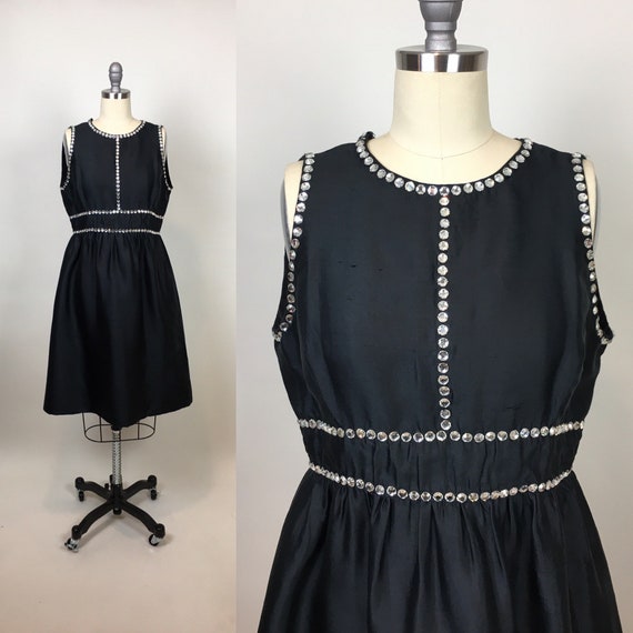 Vintage Oscar de La Renta Black Silk Shantung Rhi… - image 1