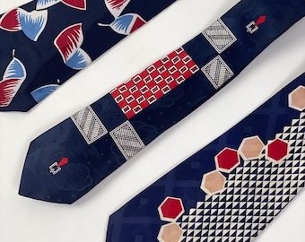 Vintage 1940s 1950s Blue Red Peach Abstract Leaves Geometric Fat Wide Silk Tie Ties