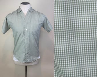 Vintage 1960s Olive Green White Small Check Men's Short Sleeve Cotton Summer Oxford Button Up Shirt / M