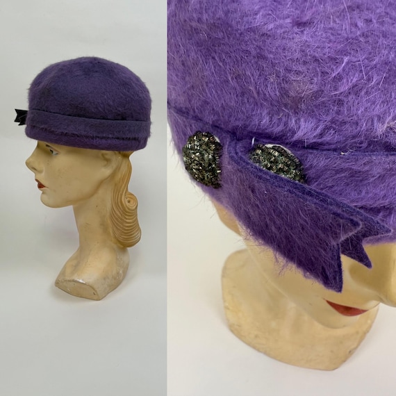Vintage Purple Wool Cloche Hat with Bow Detail Vintage Bollman Hat Co. Wool Felt Hat | Purple Bowler Cloche  main image 2