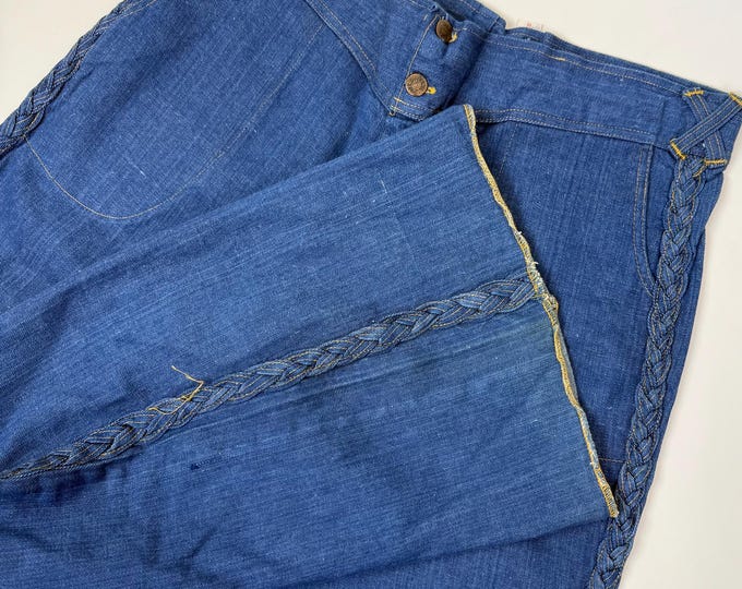 1970s Indigo Denim Bell Bottom Jeans: High Waisted Hippie Flair