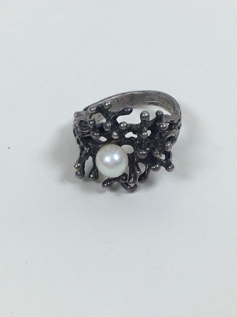 Vintage 1960s Brutalist Modernist Sterling Silver Pearl Birds Nest Ring