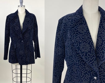 Vintage 1970s Blue Velvet Big Lapel Suit Blazer / 70s Patterned Printed Velvet Campus Casual California Jacket Coat