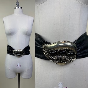 Vintage Brutalist Schwarz Leder Mixed Metal Breiter Gürtel / 80er Jahre Mantel Gürtel