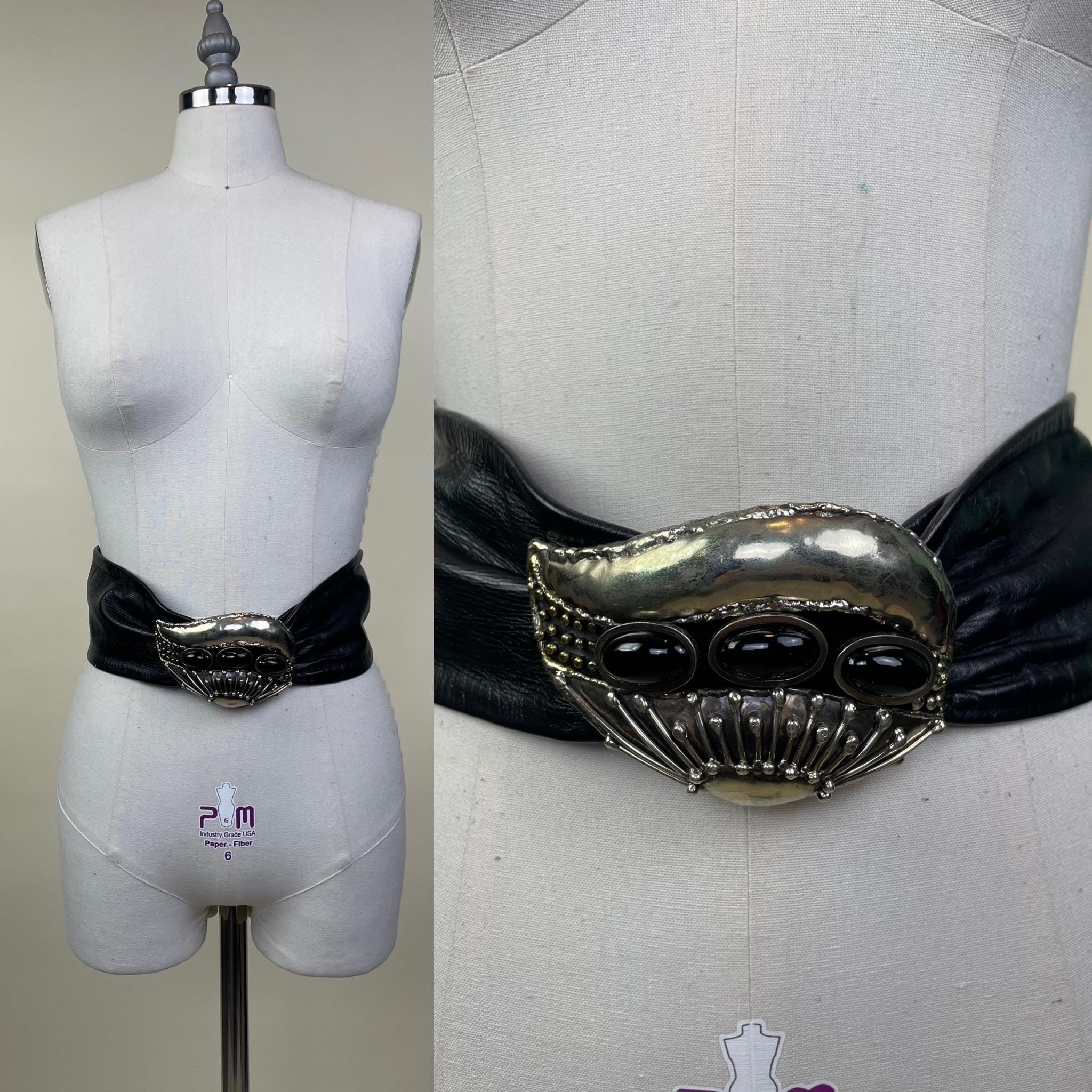 Vintage 80s Boho Gold & Silver Layered Beaded Black Belt Brutalist M/L Y2K Y2k Hippie Belt / 26-36 main image 3