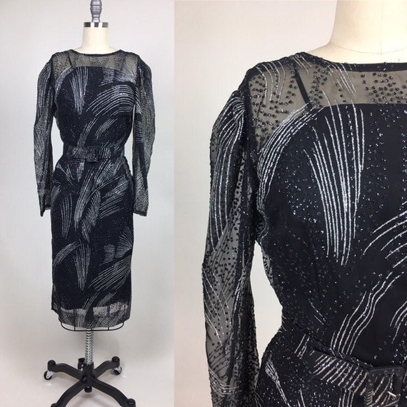 Vintage 1980s Sparkly Glitter Sheer Chiffon Black… - image 2