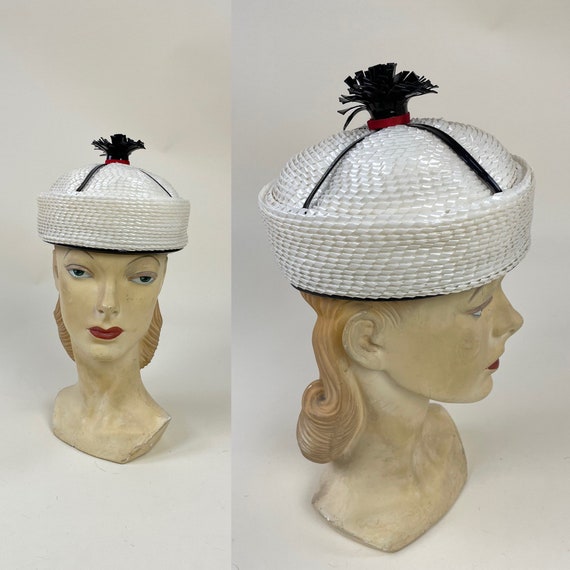 Vintage 1960s Black White Cello Pillbox Hat with … - image 1