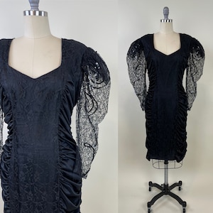 Vintage 1980s Black Body Con Cocktail Party Disco Dress / 80s Black Club Lace Dresses