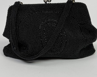 Vintage 1960s Black Beaded Wristlet Evening Bag Purse / Convertible Clutch
