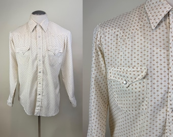 Vintage 1970s Summer Western Cowboy Men's Shirt / 70s Mustard Ivory Brown Small Print Pearl Snaps