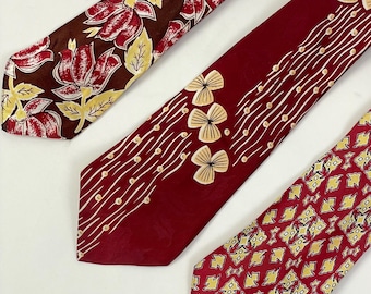Vintage 1930s 1940s Leaves Abstract Flowers Geometric Fat Wide Silk Tie Ties