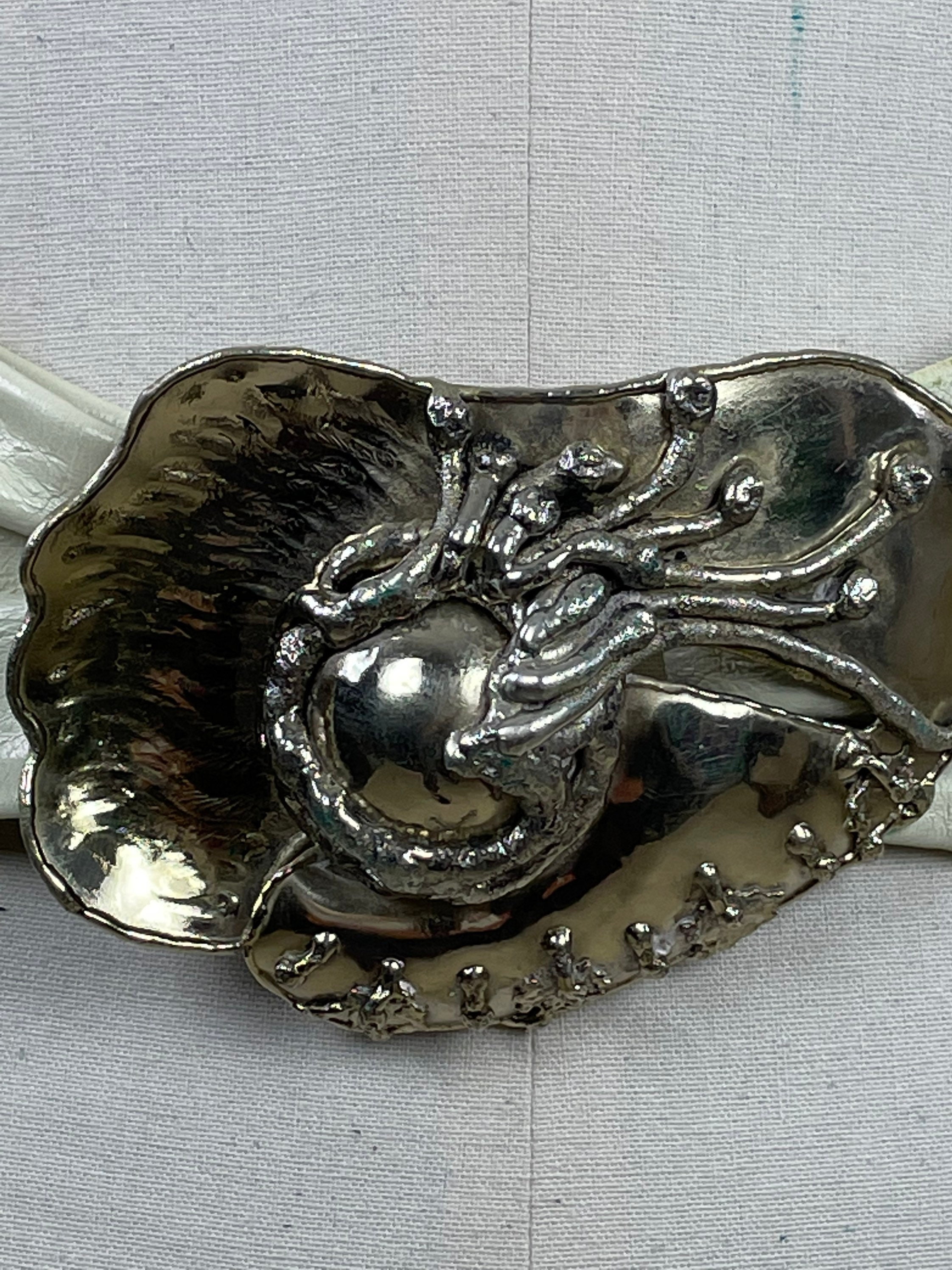 Vintage Brutalist Modern White Leather Mixed Metal Statement 