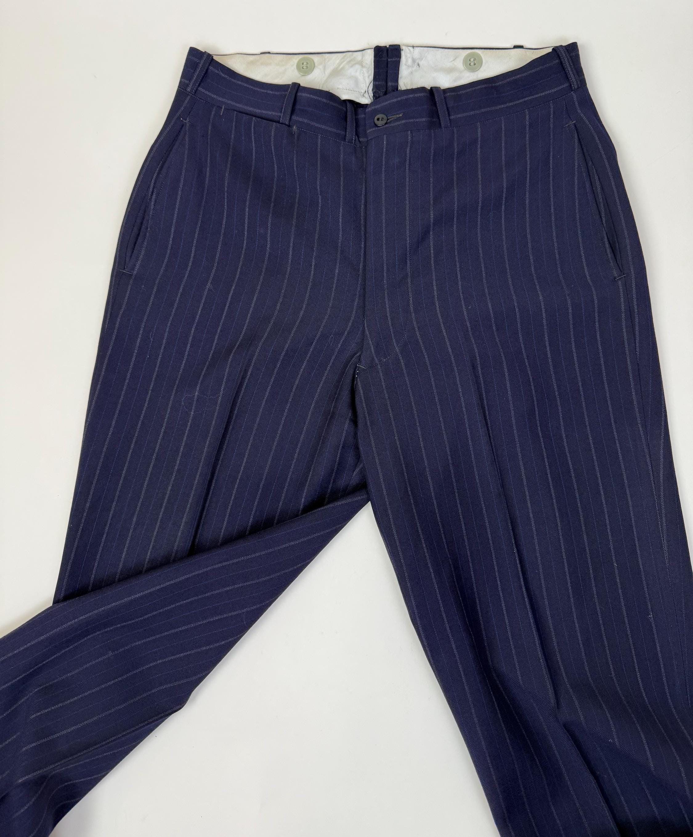 パンツ At last&co. Stripe Wool Trousers 32 Navy Vintage 1940s Navy Blue Pinstripe Wool Men's Dress Pants Trousers