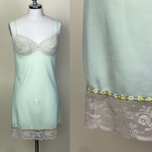Vintage 1960s Mint Green Floral Trim Lace Slip Nightie