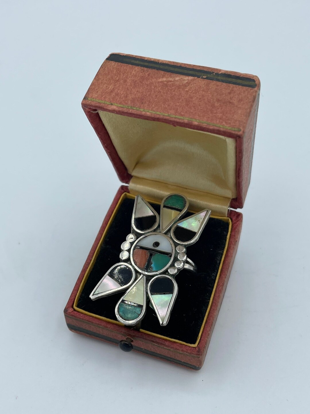 Large Vintage Zuni Sunface Sun Rays Mosaic Rectangular Shape Ring ...