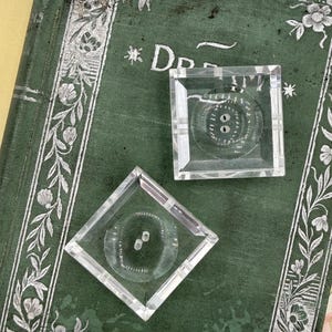 May include: Two clear, square and diamond-shaped buttons with a circular button design inside. The buttons are on a green book with floral and leaf patterns.