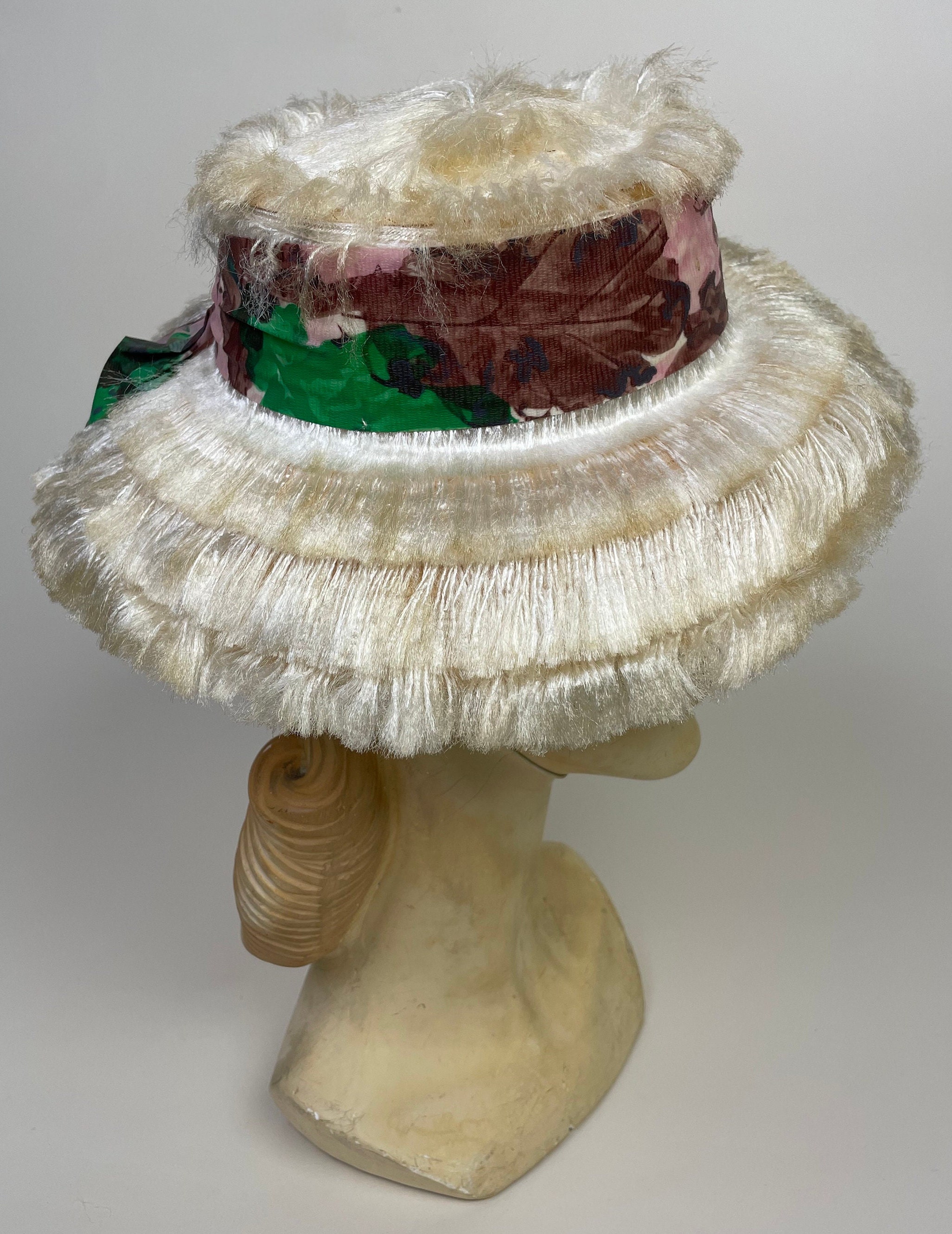 Vintage 1950s Mohair Fringe Tiki Summer Straw Sun Hat - Made  display picture 3
