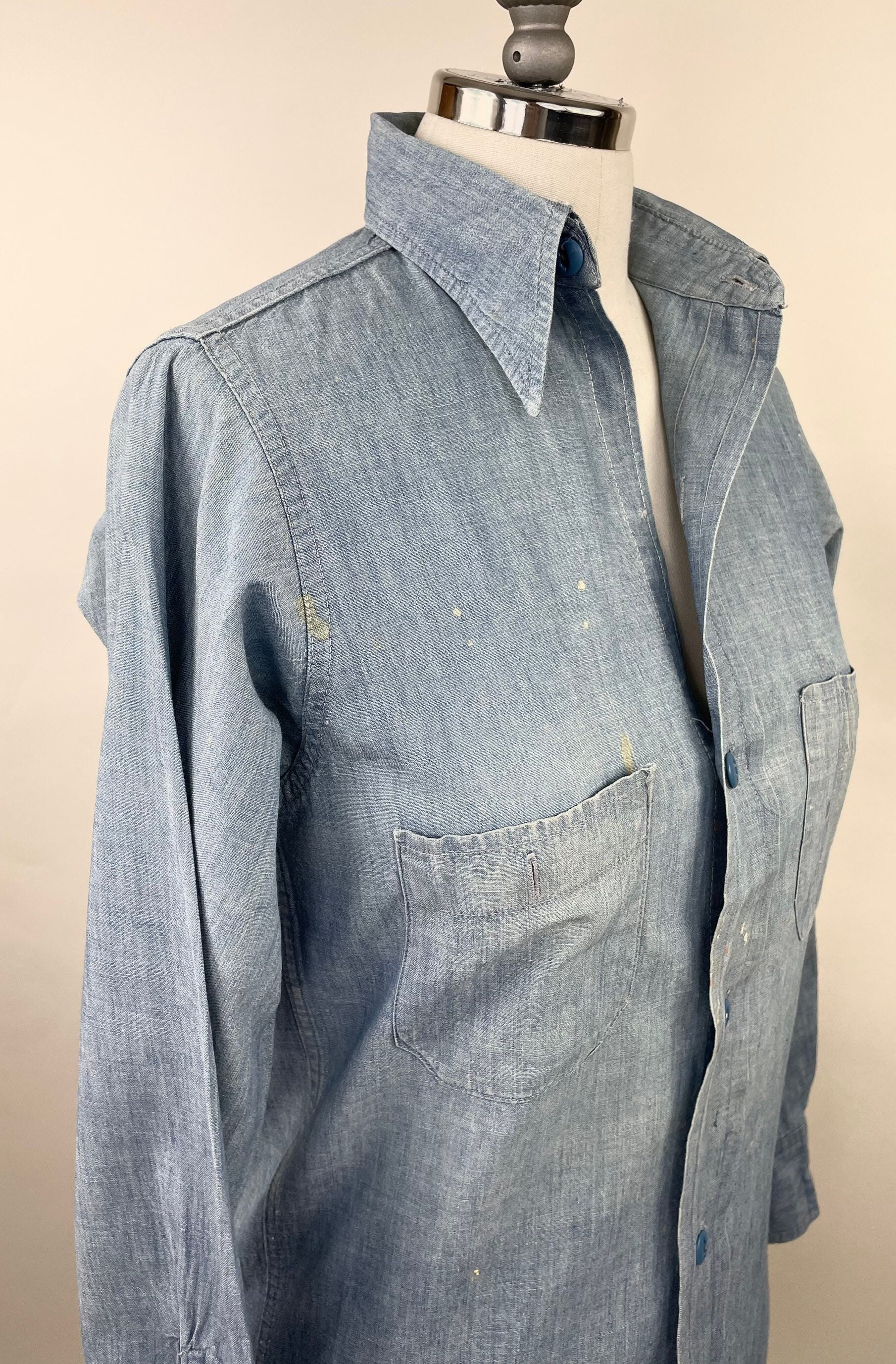 Vintage 1930s 1940s Chambray Women's Oxford Work Shirt