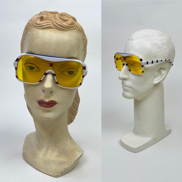 Vintage 1970s Made in Italy Sport Look Yellow Lens Striped Frame Oversized Sunglasses / 70s Square Aviator Italian Fashion Style Glasses