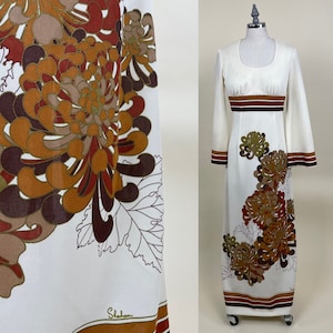 Vintage 1960s Alfred Shaheen Vertical Floral Flower Print Hawaiian Maxi / 60s Mod Print Hostess Dress