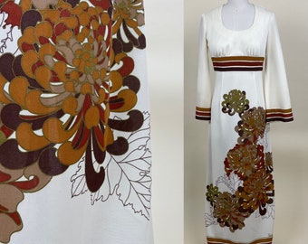 Vintage 1970s Alfred Shaheen Vertical Print Hawaiian Maxi Dress / 70s White Dress Brown Mod Print Chrysanthemum Hawaii Dress