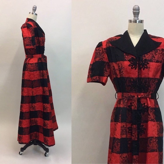 vintage 1940s Red Black Brocade Plaid Maxi Long Co