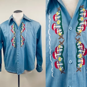 Vintage 1970s Embroidered Mushroom Mushrooms Cotton Chambray Denim Shirt Jacket / Chest 48