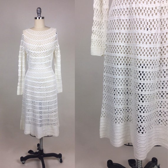vintage 1970s Crochet White Dress / Vintage 1970s