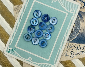 Set 12 Antique Victorian 1800s Round Tinted Blue Pearl Shell Tiny Diminutive Button Buttons / 5/16"