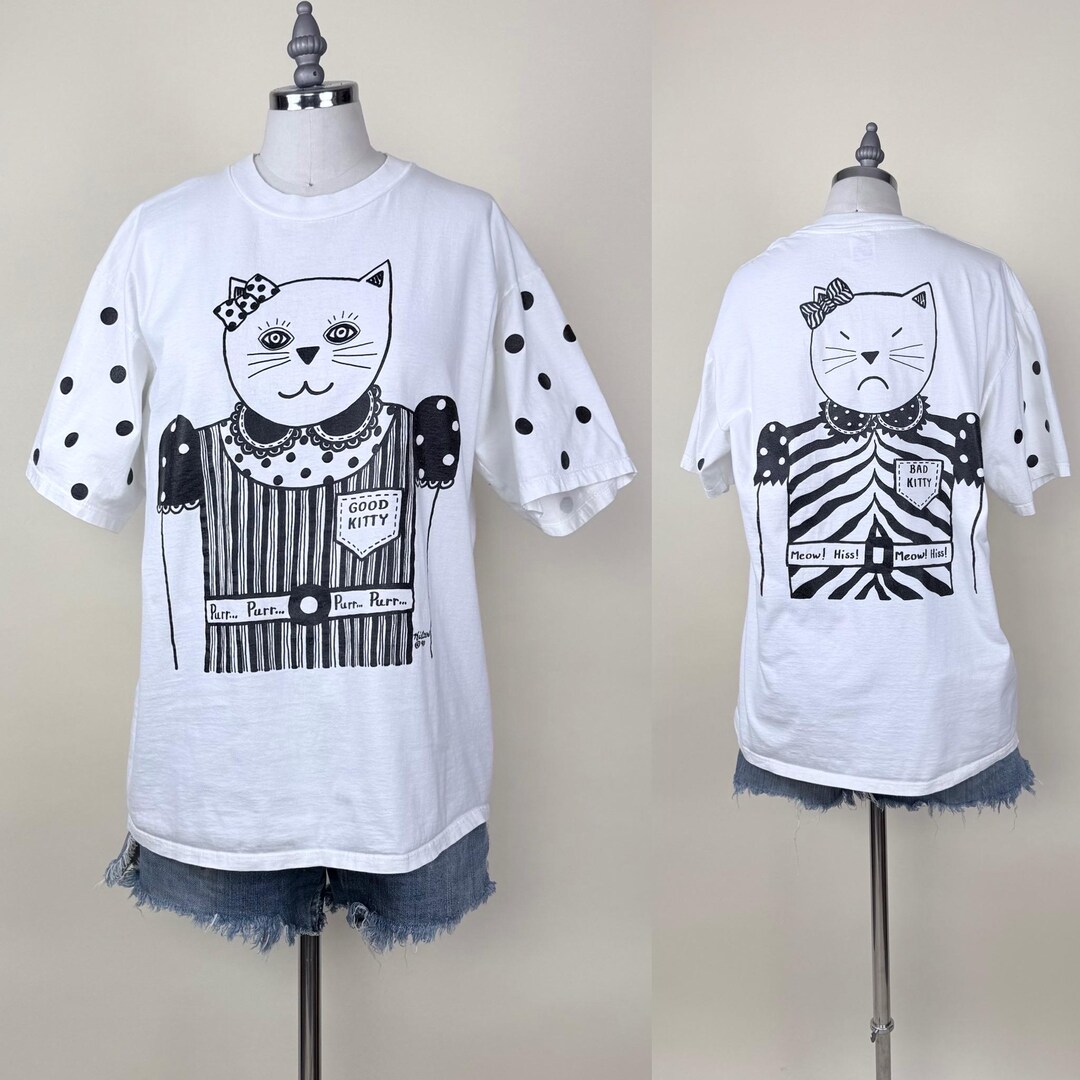 Vintage 1990s Kietzen Good Kitty Bad Kitty Novelty Print T Shirt