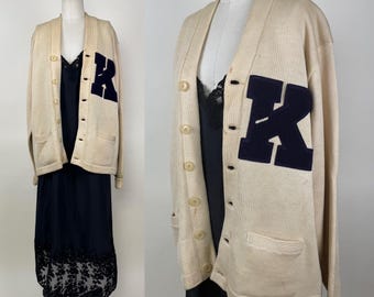 Vintage 1940s Ivory White Wool Chain Stitched Letterman's Cardigan Sweater / School Varsity K Chenille Letter Patch
