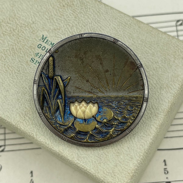 Antique 19th C Bone Water Lily Pond Water Sunrise Sunset Escutcheon Etched Cast Metal Enameled Pictorial Cup Button / 1 3/16"