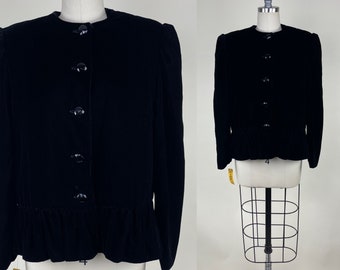 Vintage 1980s Miss D Oscar de la Renta Black Rayon Velvet Suit Blazer Coat / 80s Short Evening Jacket