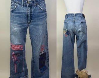 Vintage 1960s Lee Riders Denim Patchwork Embroidered Hippie Jeans / Leather Jerky Label