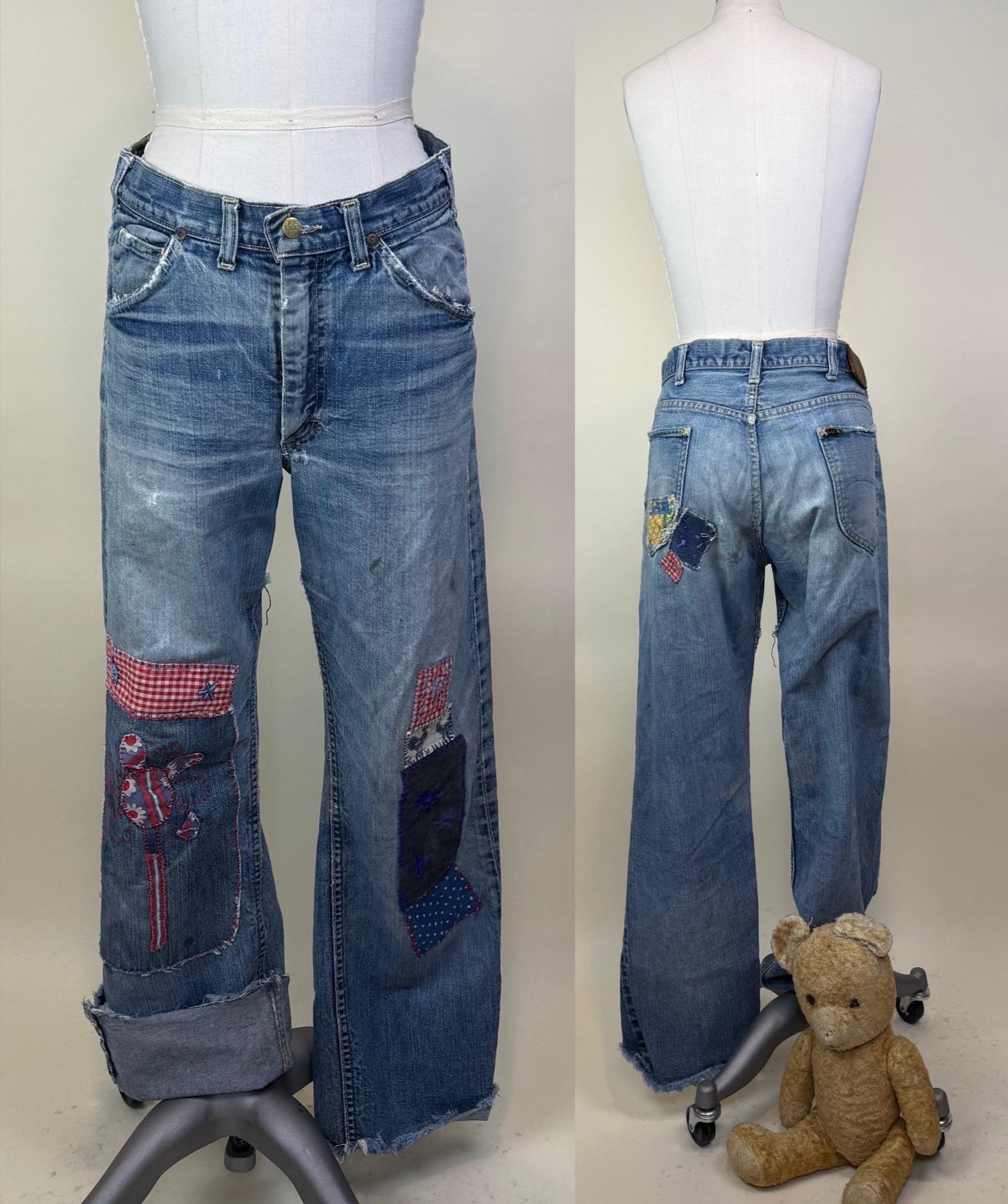 Vintage 1960s Lee Riders Denim Patchwork Embroidered Hippie Jeans