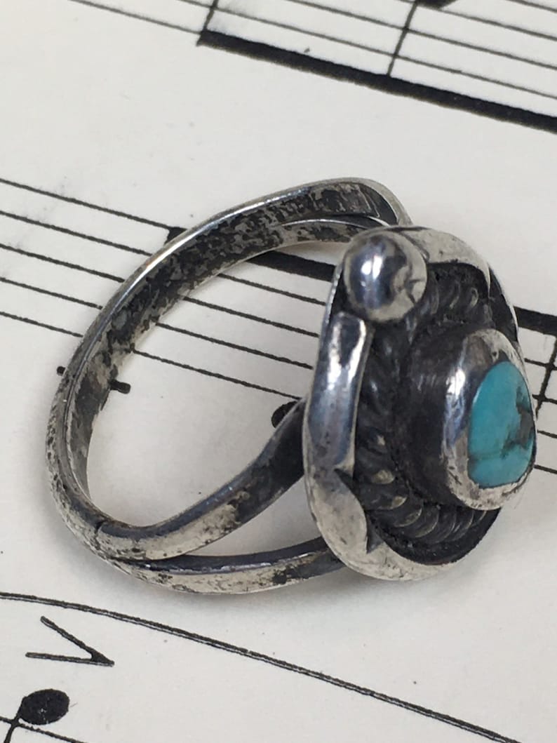 Vintage 1950s Navajo TURQUOISE Sterling Ring Vintage Native American Turquoise Hand Stamped Ring size 5 12