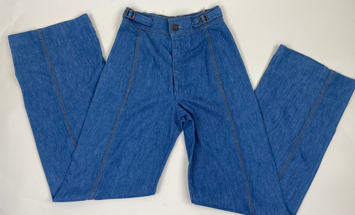 Vintage 70s Levis Bell Bottom Jeans: High Waisted Denim, Side Buckle, 26-28, photo 2 of 5