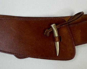 Vintage 1980s Brown Saddle Leather Horn Button Buckle Belt / 80s Fashion Belt