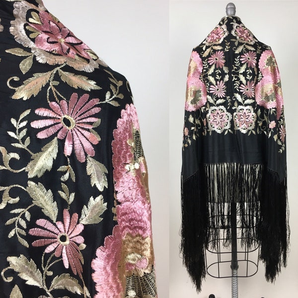 Vintage 1920s Embroidered Silk Crepe Fringe Piano Scarf / Vintage 20s Black Pink Ivory Chinese Embroidered Large Scarf Manila Shawl