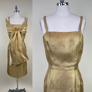 Vintage 50er Jahre Gold Metallic Lame Cocktail Party Bombshell Dress w/ Schal / 50er Jahre Mid Century Abendmode Kleider