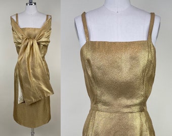 Vintage 1950s Gold Metallic Lame Cocktail Party Bombshell Dress w/ Shawl / 50s Mid Century Evening Fashion Dresses