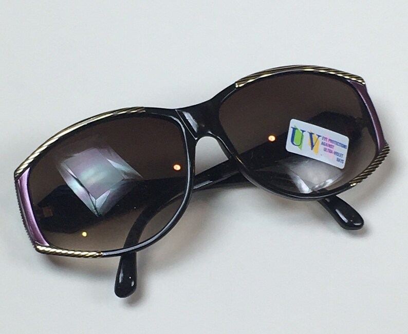 Vintage 1980s Large Framed Oversized Black Purple Mob Wife Sunglasses / 80s Big Fashion Sunglasses image 2