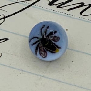 May include: A small, round, light blue button with a detailed illustration of a bee. The bee is black and brown with yellow accents. The button is likely for sewing or crafts.