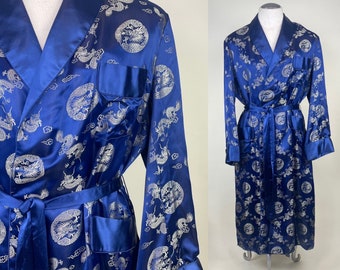 Dead Stock Mint True Vintage 1950s Blue Satin Brocade Lounging Robe Smoking Jacket / 50s Medallions Dragons Swanky Lounge Loungewear