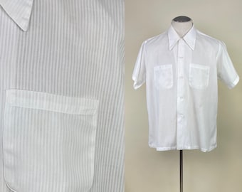 Vintage 1950s White Cotton Sheer Pinstripe Seersucker Mens Shirt / 50s See Thru Swanky Oxford / Fits L - 2XL